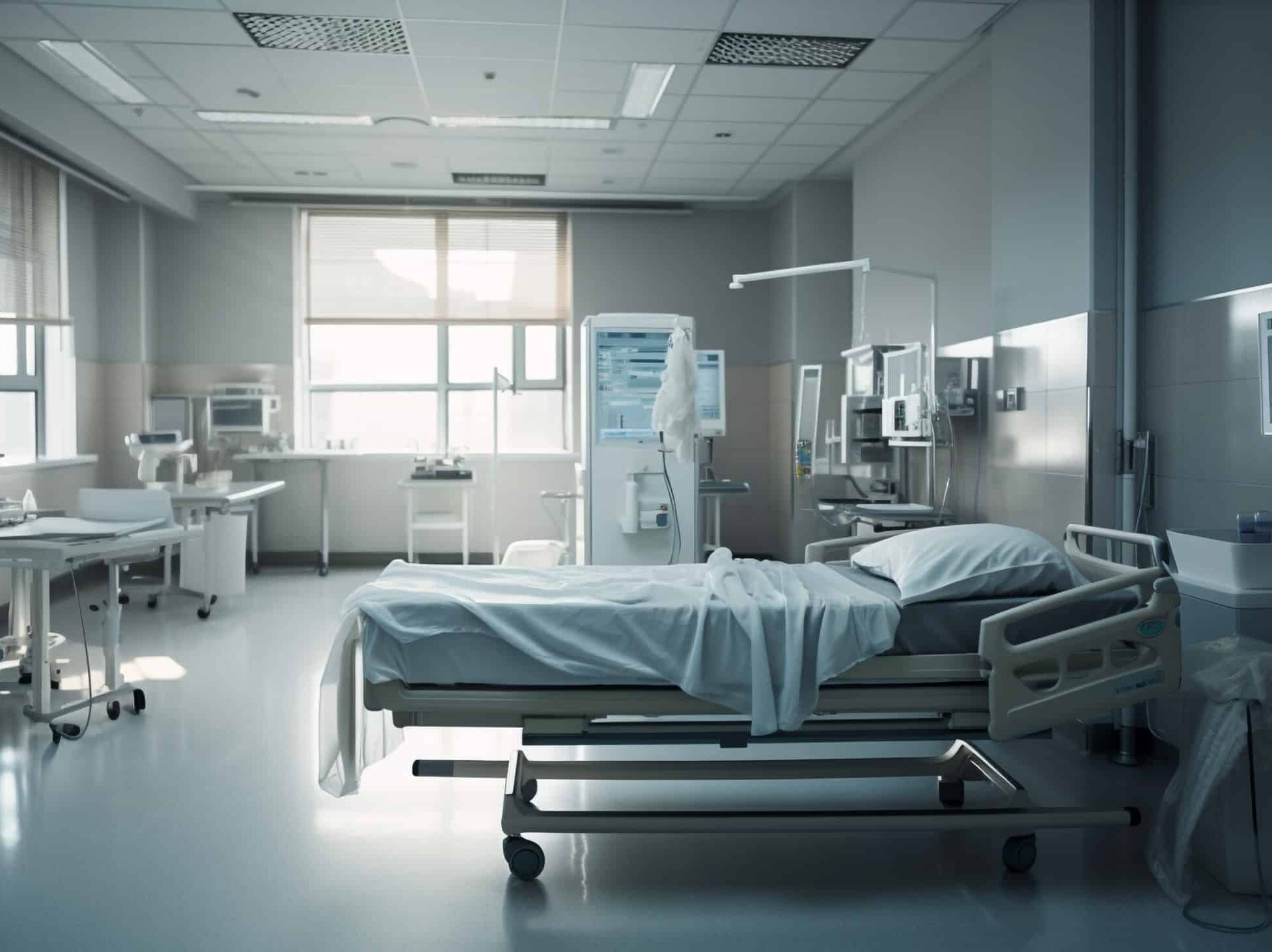 Modern hospital room with empty bed and chair generated by AI Modern hospital room with empty bed and chair generated by artificial intelligence