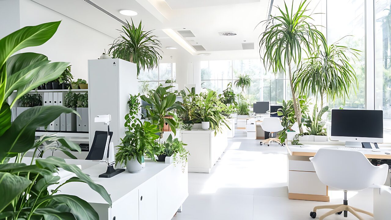 Bright modern office interior with white workstations and abundant indoor plants creating a calm biophilic commercial workspace filled with natural light.