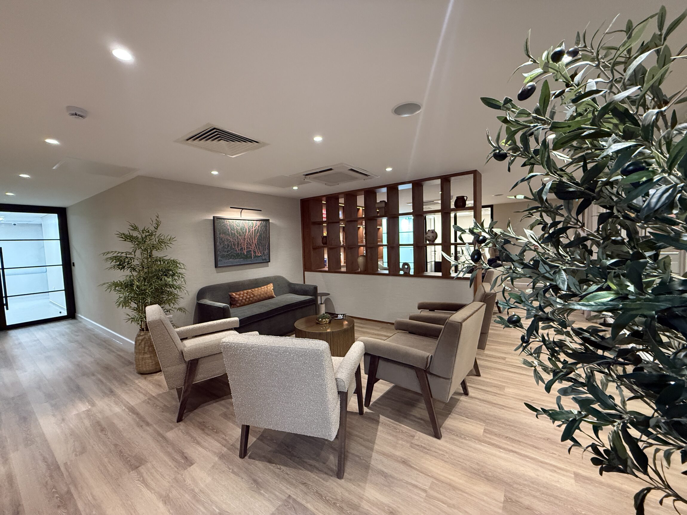 Modern reception lounge in a private hospital featuring neutral-toned armchairs, a dark grey sofa, warm wooden shelving with decorative objects, soft lighting and indoor plants creating a calm, welcoming atmosphere.