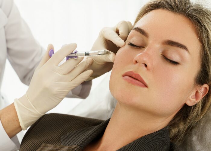 Practitioner in gloves administering a cosmetic injection near a client's eyebrow during an aesthetics treatment