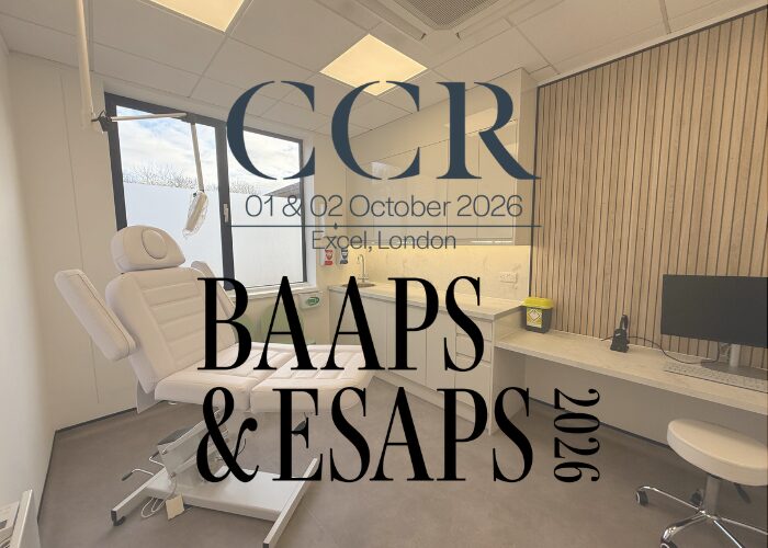 HE Interiors clinical treatment room with medical chair, consultation desk and modern finishes, promoting CCR, BAAPS and ESPAPS 2026 events in London.